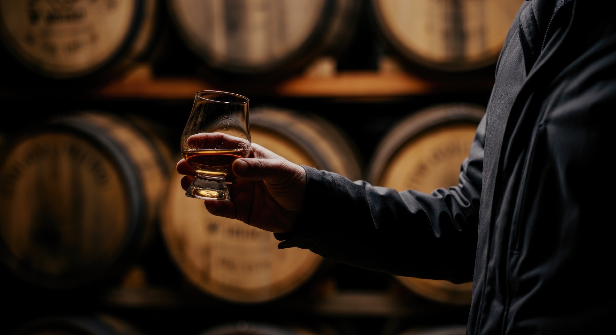 A glass of whisky held before stacked casks in a warehouse