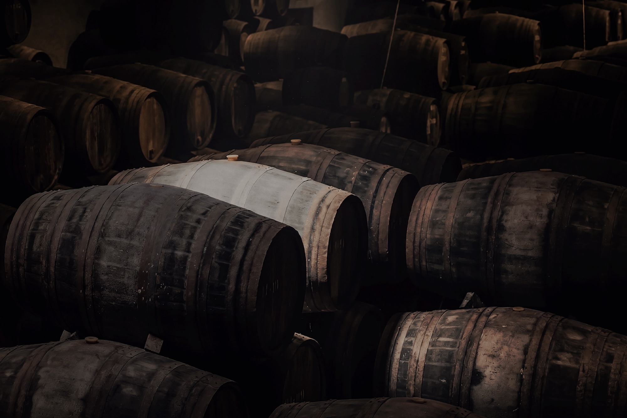 Rows of maturing oak whisky casks in a dimly lit warehouse